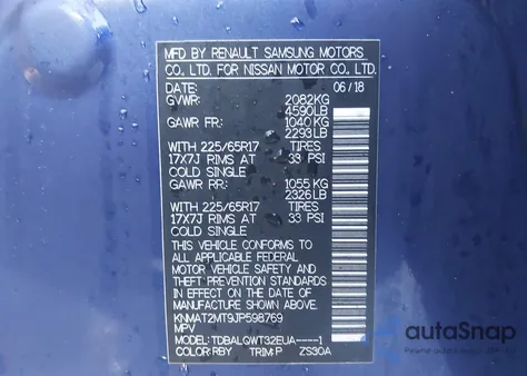 2018 Nissan Rogue Sv z USA, uszkodzony, nr VIN KNMAT2MT9JP598769